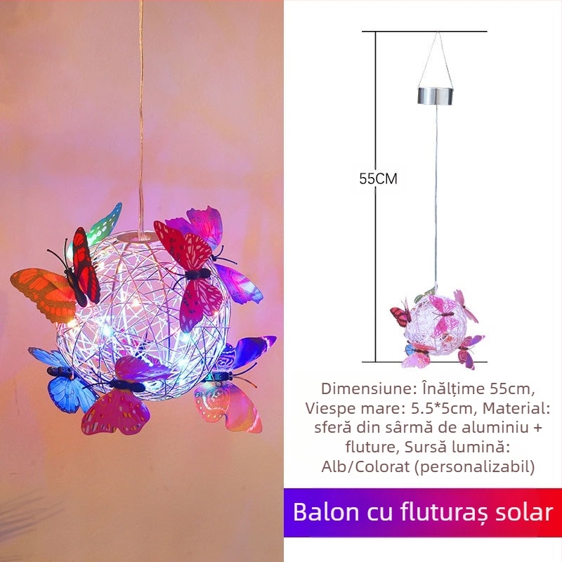 Lampă LED solară pentru atârnat pe copac, cu formă de sferă și design fluture din sârmă de aluminiu, pentru grădină exterioară; IP65, sursă LED, 1W, 6–12h, viață 50.000h