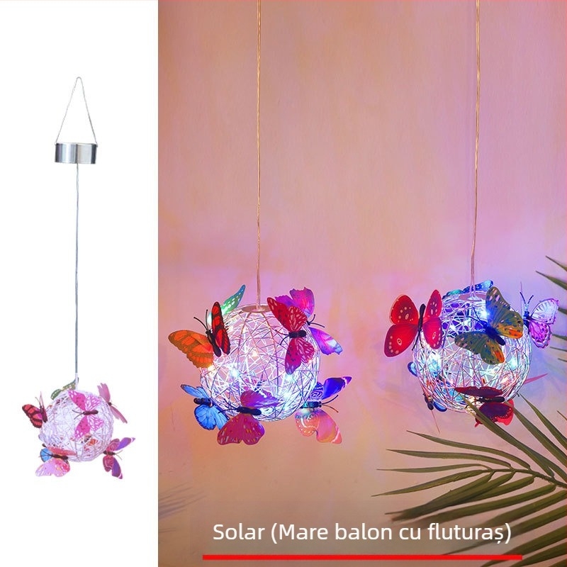 Lampă LED solară pentru atârnat pe copac, cu formă de sferă și design fluture din sârmă de aluminiu, pentru grădină exterioară; IP65, sursă LED, 1W, 6–12h, viață 50.000h