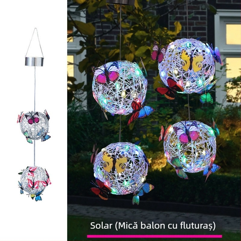 Lampă LED solară pentru atârnat pe copac, cu formă de sferă și design fluture din sârmă de aluminiu, pentru grădină exterioară; IP65, sursă LED, 1W, 6–12h, viață 50.000h