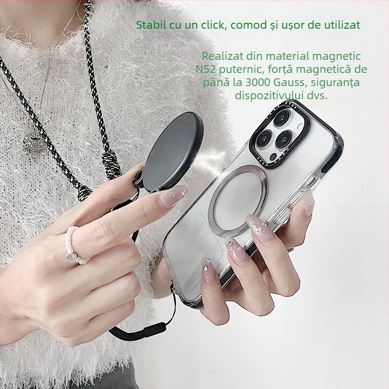 Pandantiv magnetic pentru telefon – două culori, compatibil MagSafe, șnur țesut pentru gât