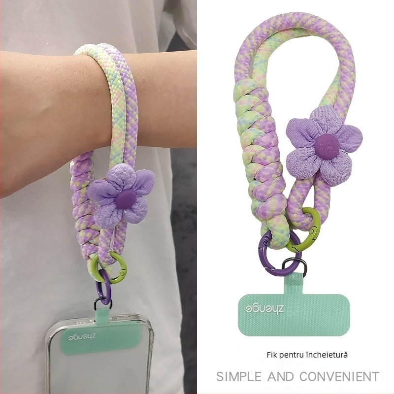 Lanyard pentru telefon cu șnur împletit, lucrat manual, pandant geometric, brățară pentru încheietură feminină