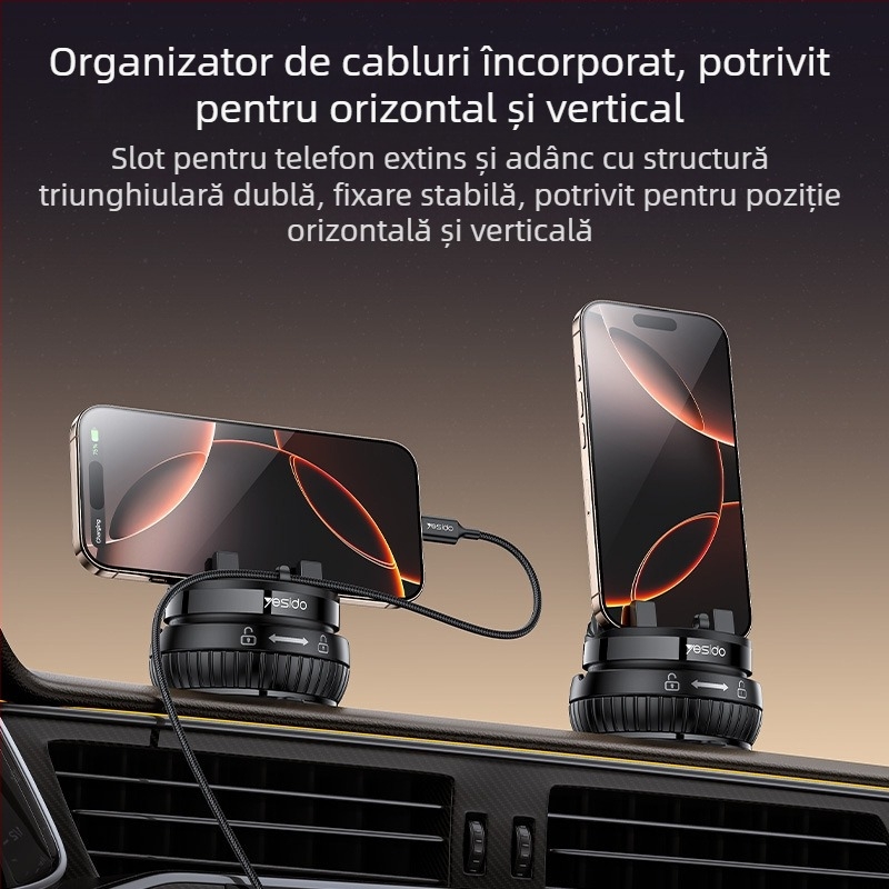 Yesido Suport pentru telefon auto, rotire la 360°, ventuză pentru consola centrală, multifuncțional