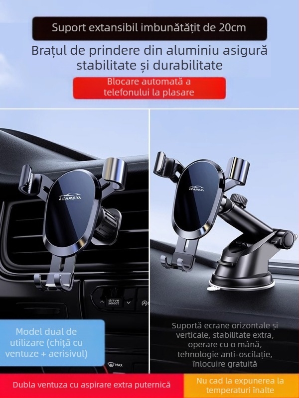 LCARS suport auto universal din aluminiu, cu ventuză, susținere gravitațională și cuplare automată pentru navigație