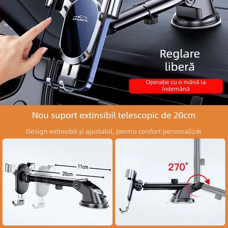 LCARS suport auto universal din aluminiu, cu ventuză, susținere gravitațională și cuplare automată pentru navigație