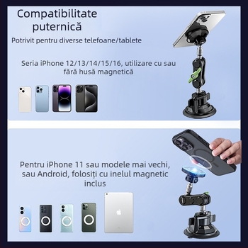 Suport MagSafe magnetic pentru mașină, cu ventuză – montaj pe bord, pentru telefon, tabletă și navigație, 15W
