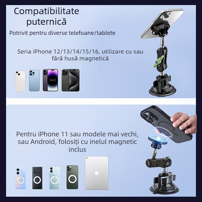 Suport MagSafe magnetic pentru mașină, cu ventuză – montaj pe bord, pentru telefon, tabletă și navigație, 15W