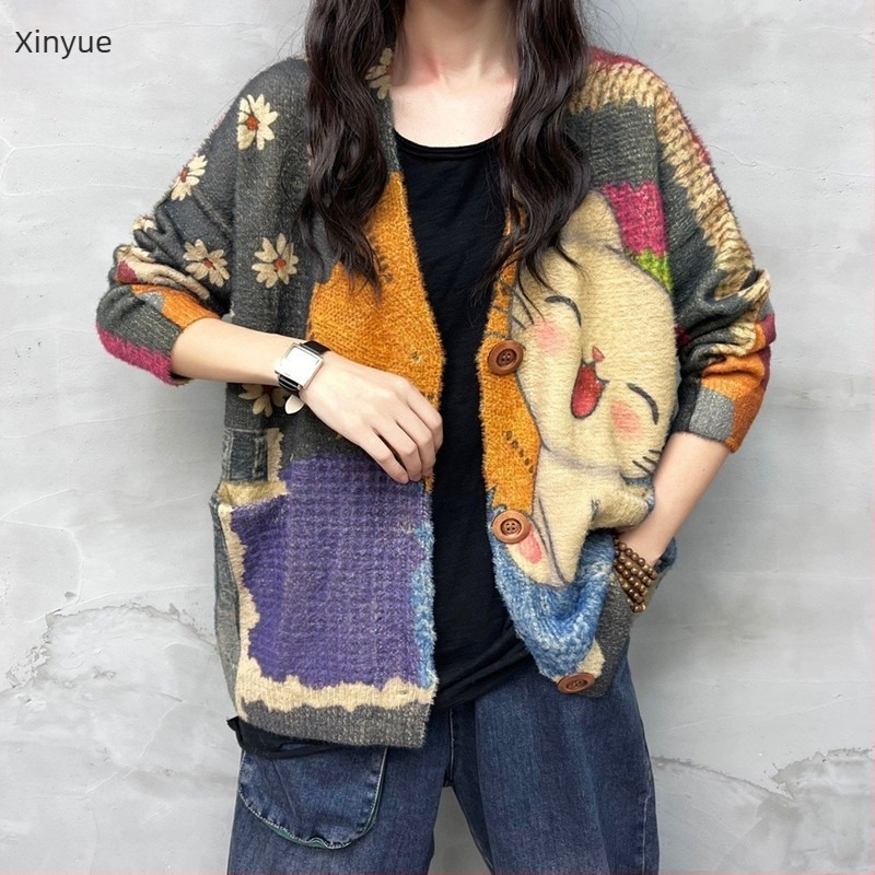 Cardigan tricotat Mink Velvet – decolteu în V, mâneci lungi, croială lejeră, amestec lână cu acrilic 50–70%, imprimare/vopsire