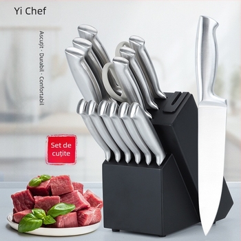 Set de cuțite de bucătărie din oțel inoxidabil, 16 piese, cu mânere cu cavitate, lame din seria 3Cr, cu oțitor încorporat și suport din lemn masiv