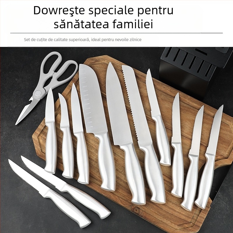 Set de cuțite de bucătărie din oțel inoxidabil, 16 piese, cu mânere cu cavitate, lame din seria 3Cr, cu oțitor încorporat și suport din lemn masiv