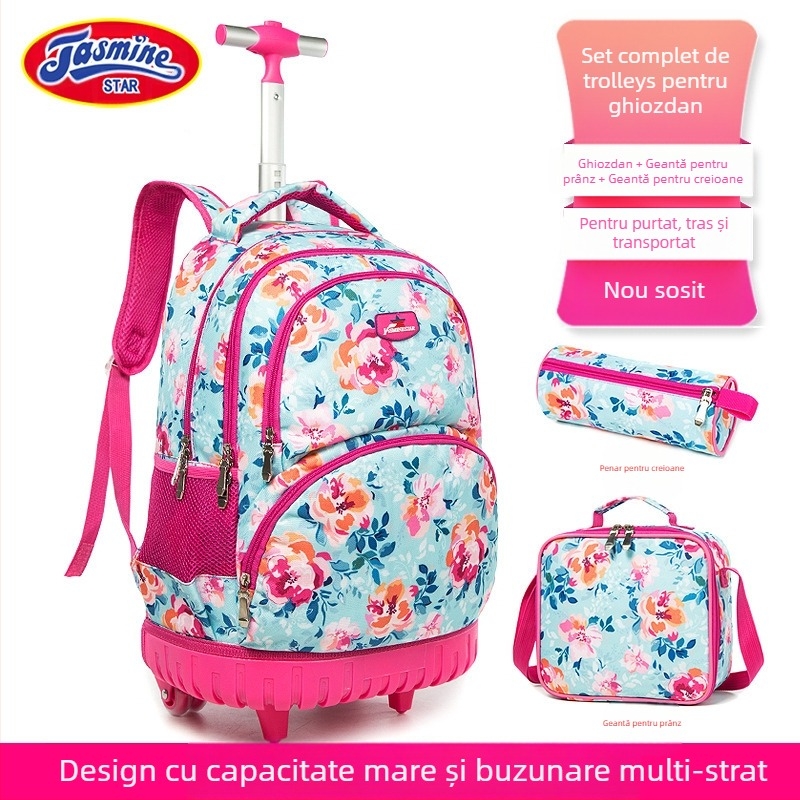 Set de trei ghiozdane cu roți pentru școala primară — material Oxford, model cu flori, respirabil și ușurare a încărcăturii