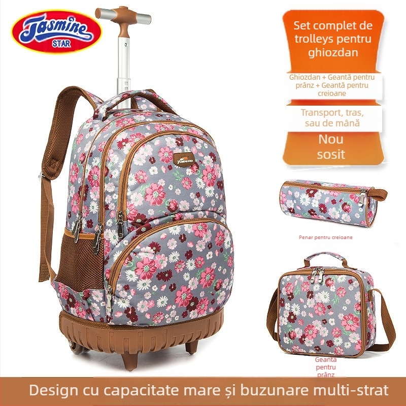 Set de trei ghiozdane cu roți pentru școala primară — material Oxford, model cu flori, respirabil și ușurare a încărcăturii
