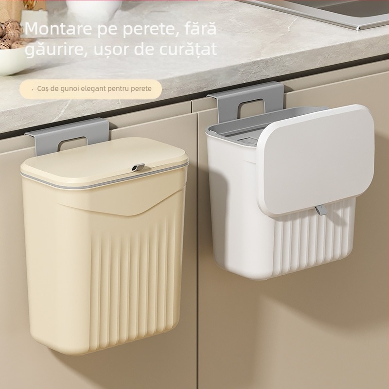 Coș de gunoi de bucătărie montat pe perete, cu capac rabatabil, din plastic, capacitate >12 L, formă pătrată, uz casnic