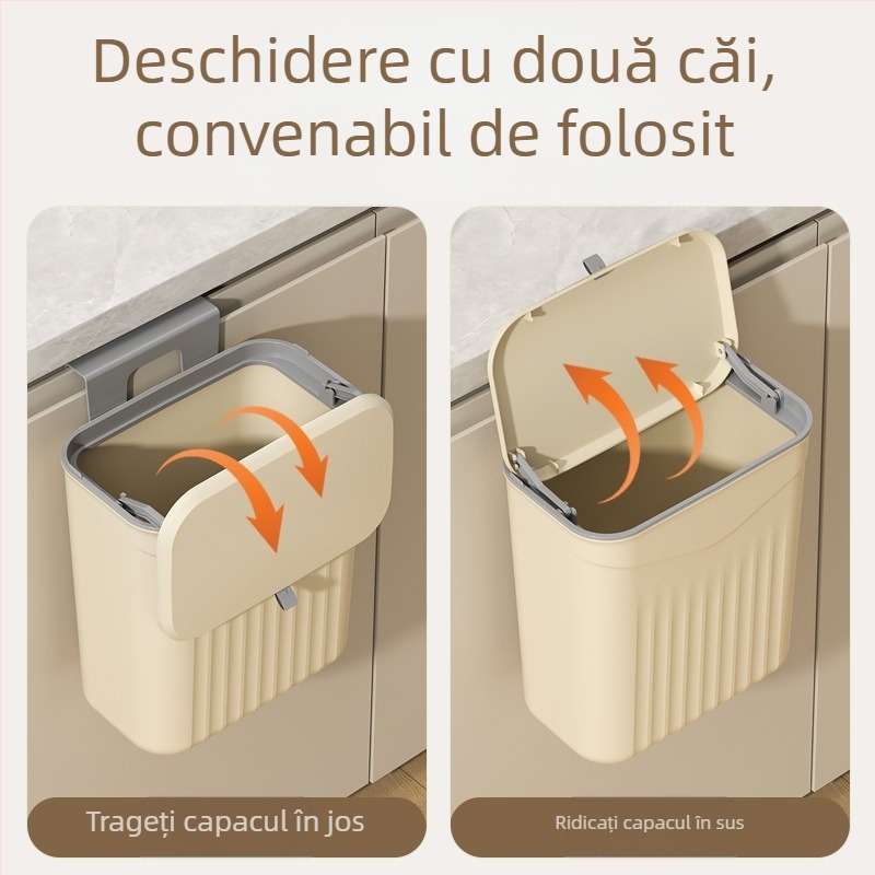 Coș de gunoi de bucătărie montat pe perete, cu capac rabatabil, din plastic, capacitate >12 L, formă pătrată, uz casnic
