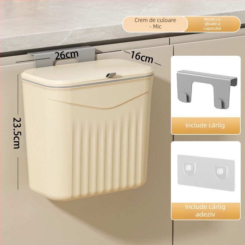 Coș de gunoi de bucătărie montat pe perete, cu capac rabatabil, din plastic, capacitate >12 L, formă pătrată, uz casnic