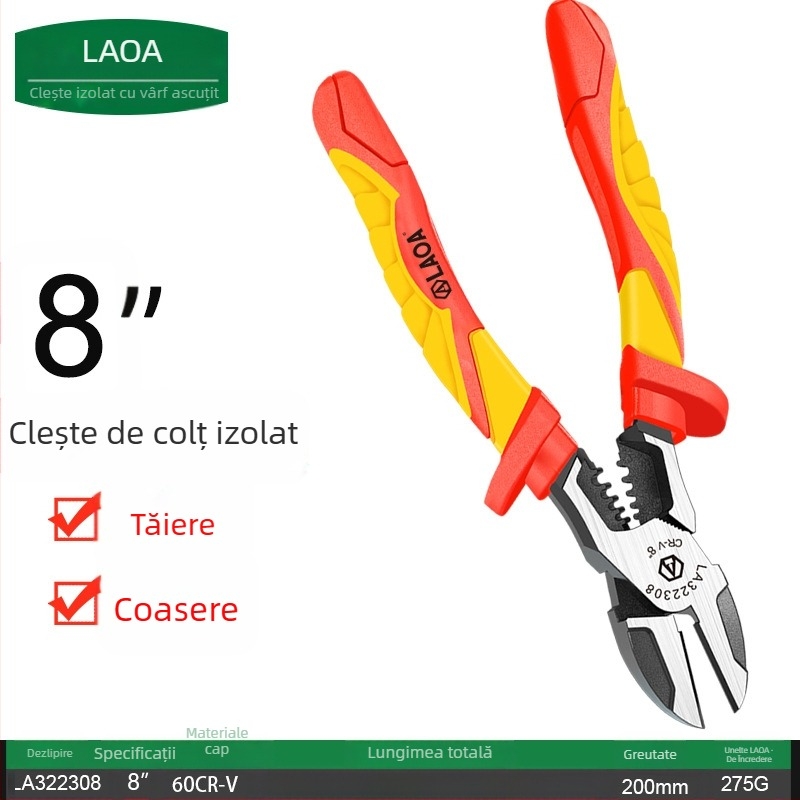 Clește izolat cu VDE pentru tăiere și crimparea cablurilor, clește cu vârf ascuțit pentru electricieni, electronică, reparații auto