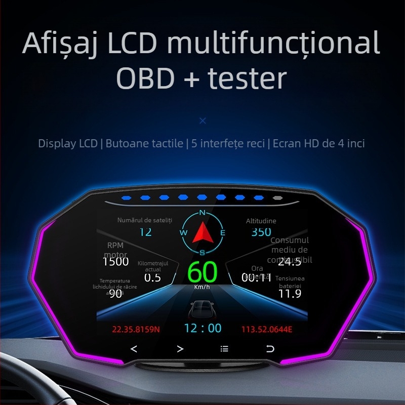 Afișaj HUD pentru mașină cu GPS vitezometru, OBD, ecran LCD LED de 4 inch, touchscreen, Model F11