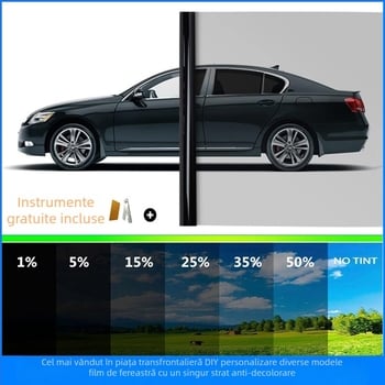 Film solar pentru geamuri auto, membrană PET, grosime 1 mil, izolație 70–90%, protecție UV 95%, adeziv detașabil