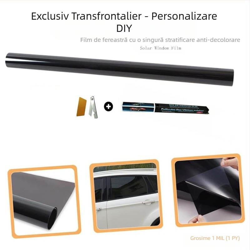 Film solar pentru geamuri auto, membrană PET, grosime 1 mil, izolație 70–90%, protecție UV 95%, adeziv detașabil