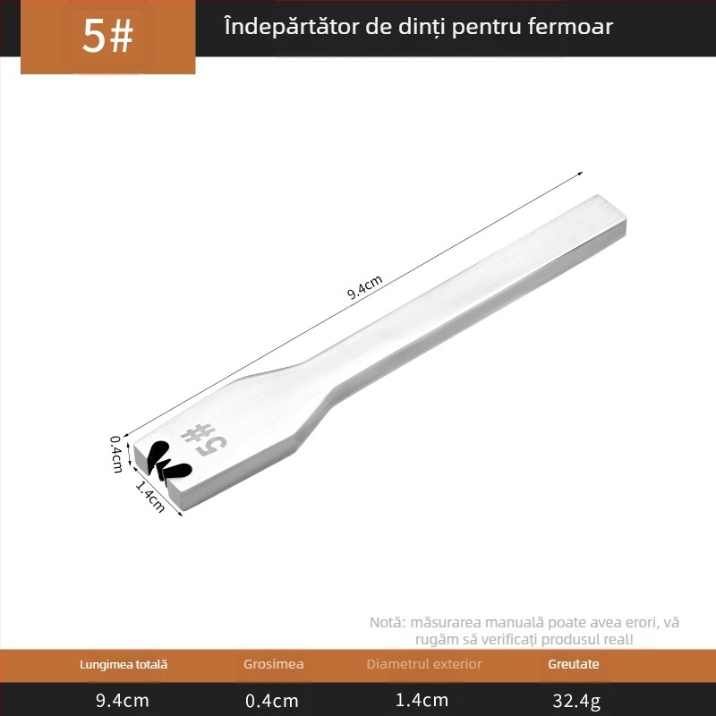 Detașator fermoar pentru piele, cap plat, din oțel inoxidabil