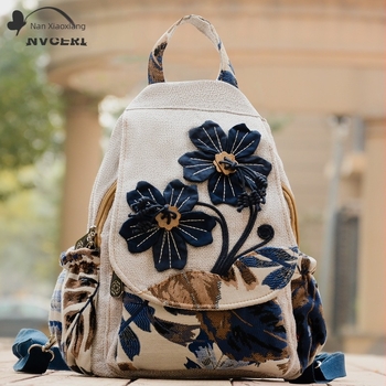 Rucsac în stil literar, material din bumbac și in, închidere cu fermoar, potrivit pentru călătorii de plăcere