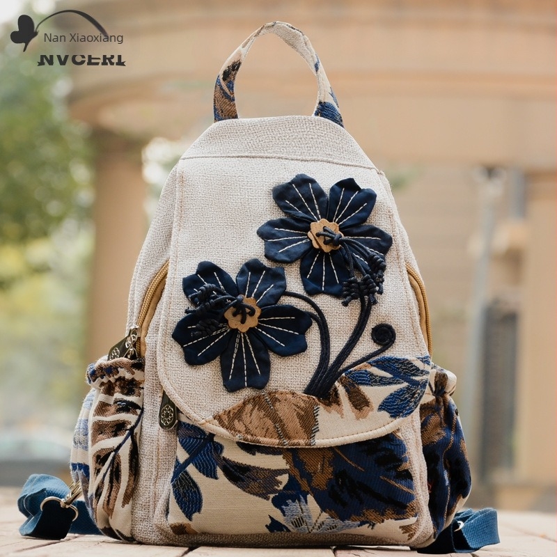 Rucsac în stil literar, material din bumbac și in, închidere cu fermoar, potrivit pentru călătorii de plăcere