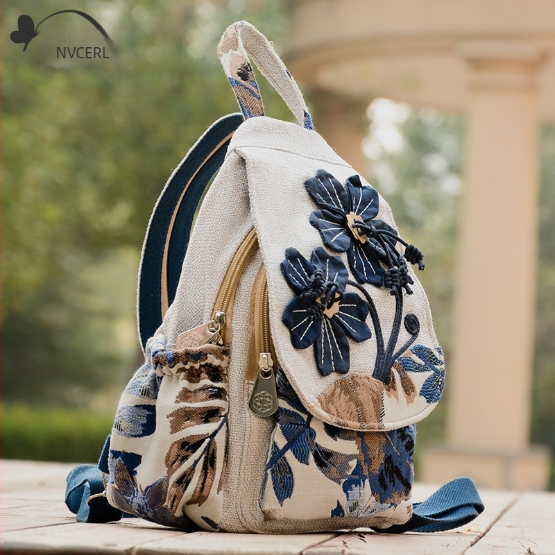 Rucsac în stil literar, material din bumbac și in, închidere cu fermoar, potrivit pentru călătorii de plăcere