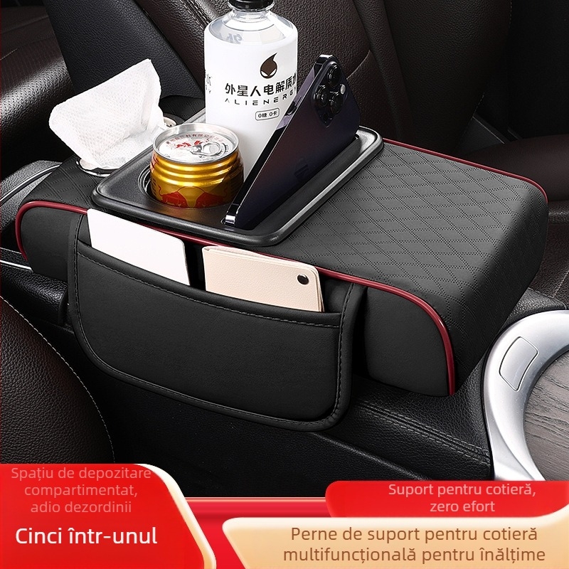 Pernă de cotier din piele pentru mașină, cu spațiu de depozitare și cutie pentru șervețele; potrivire universală; City Embroidery; fără personalizare.