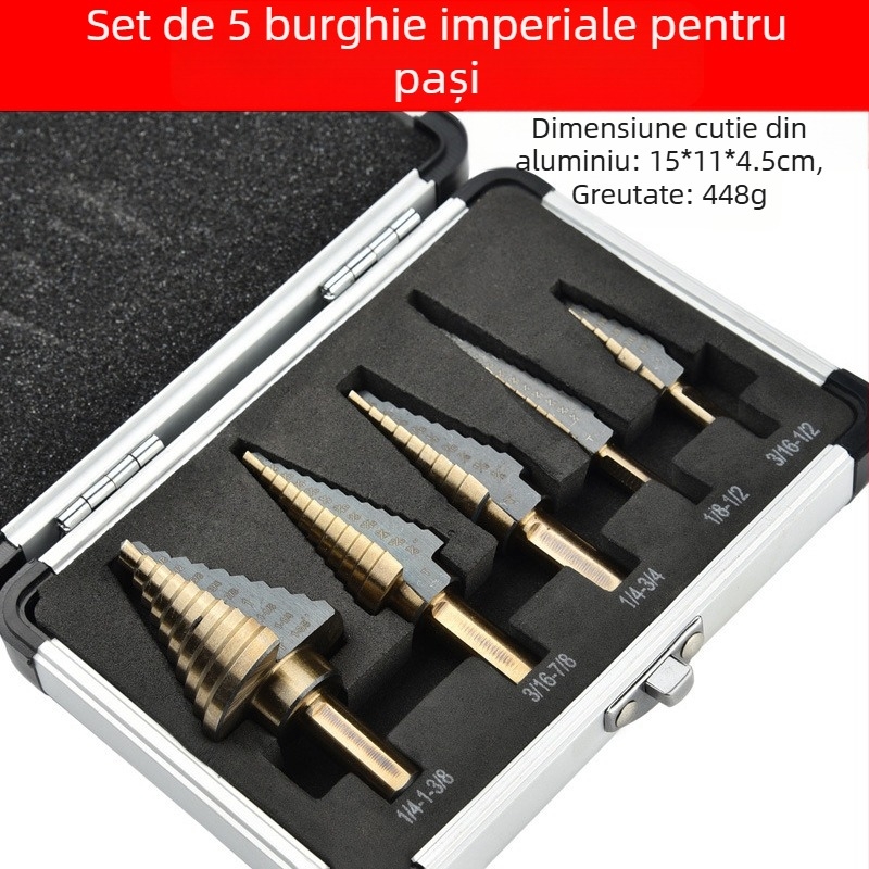 Set de burghie cu trepte Pagoda Diamond, 5 bucăți, din oțel cu carbon înalt, DIYT