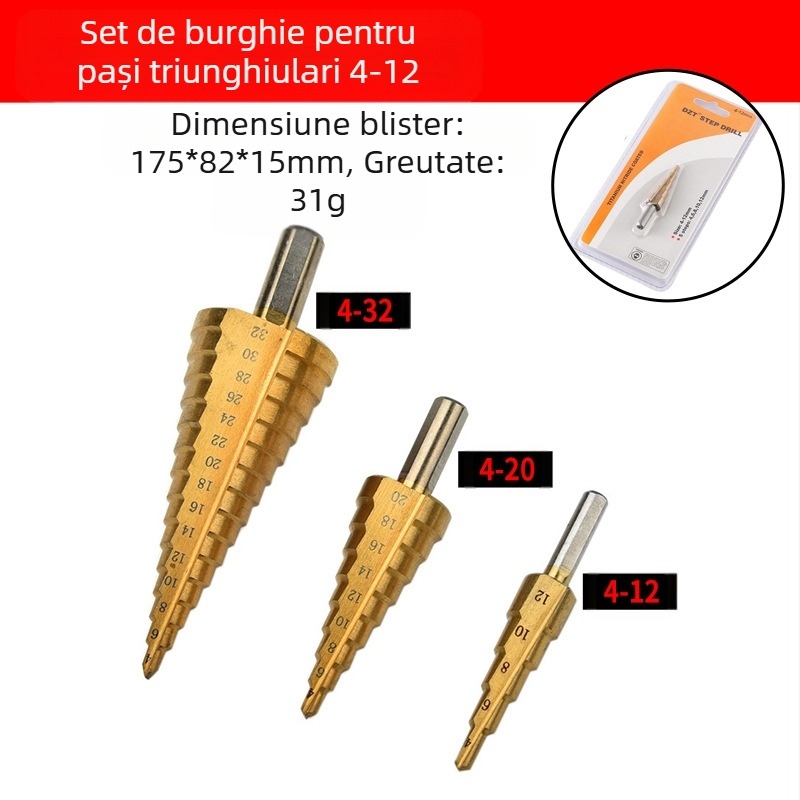 Set de burghie cu trepte Pagoda Diamond, 5 bucăți, din oțel cu carbon înalt, DIYT
