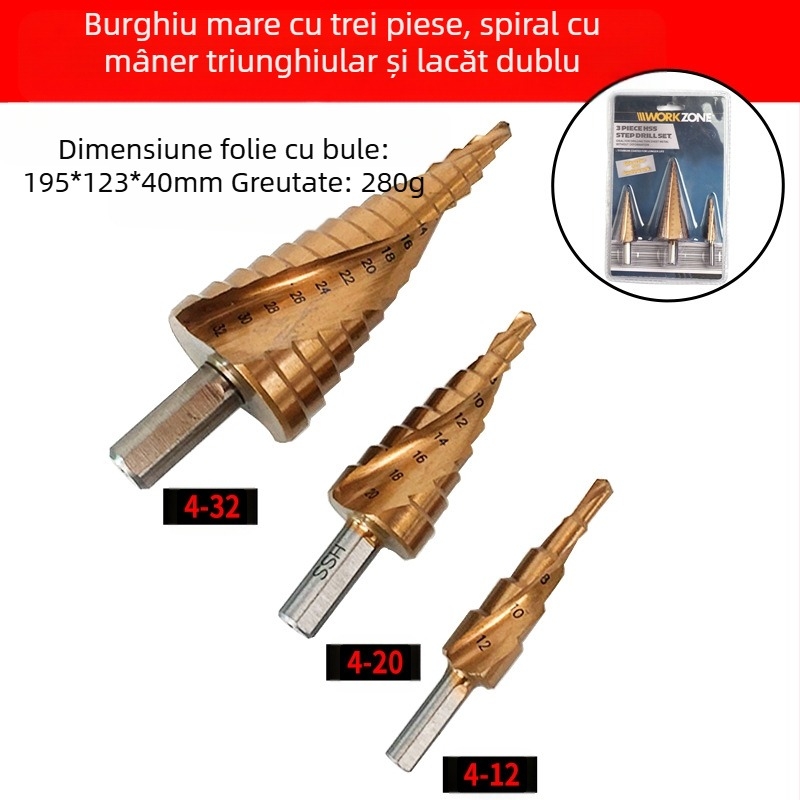 Set de burghie cu trepte Pagoda Diamond, 5 bucăți, din oțel cu carbon înalt, DIYT