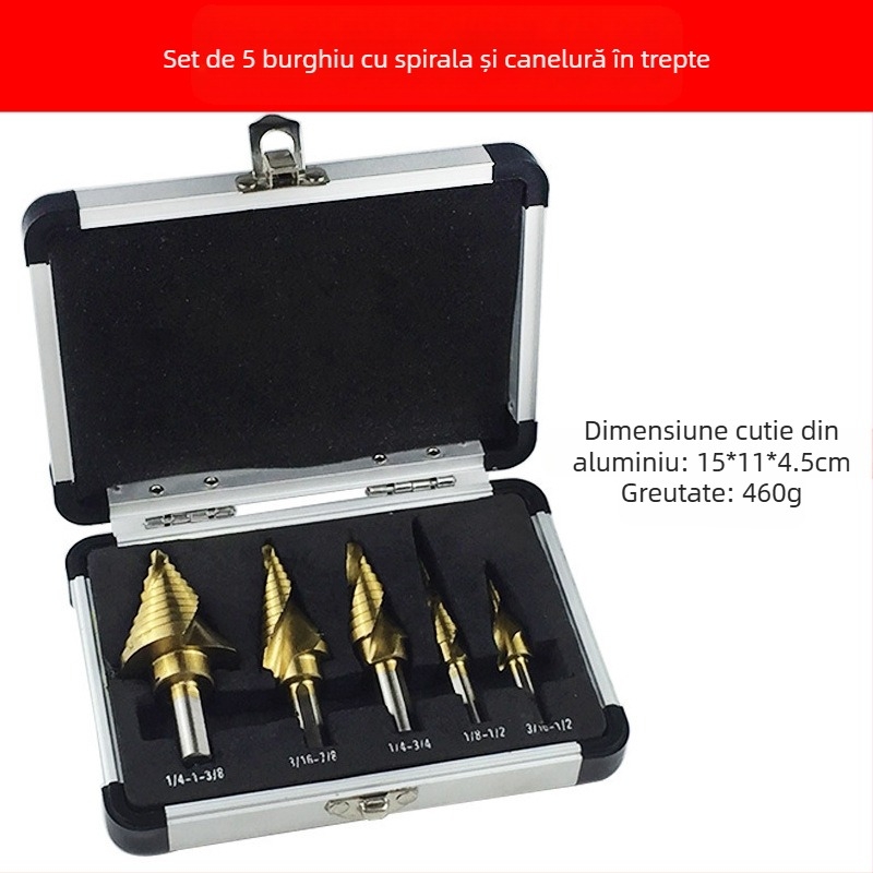 Set de burghie cu trepte Pagoda Diamond, 5 bucăți, din oțel cu carbon înalt, DIYT