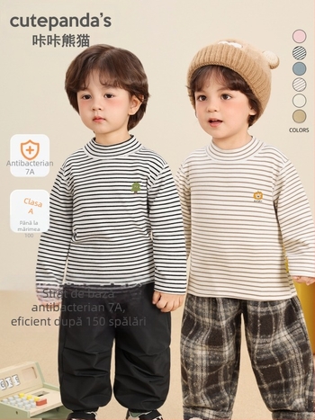 Tricou pentru copii cu mânecă lungă și guler rotund, din bumbac 95%, antibacterian, imprimeu cu desene animate, îmbrăcăminte de iarnă pentru copii 1–3 ani