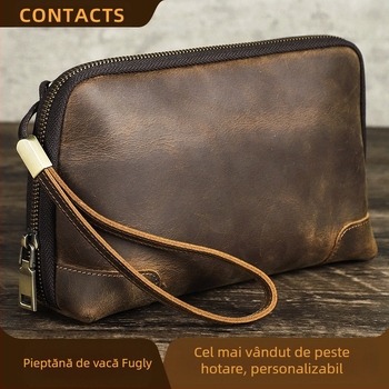 Black Angel Plic din piele pentru bărbați, cu curea de încheietură – spațiu pentru cablu de date și căști Bluetooth, piele de prim strat, impermeabil