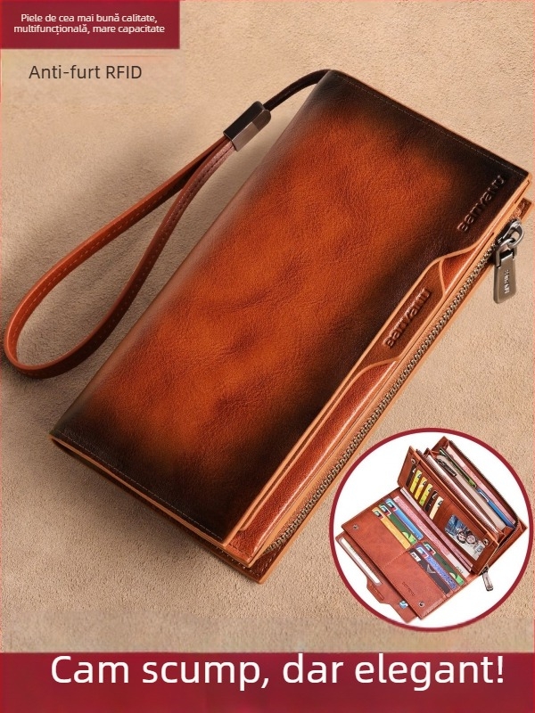 Ban yano Portofel masculin din piele naturală, piele de prim strat de vită, stil urban minimalist, model monocrom, căptușeală poliester