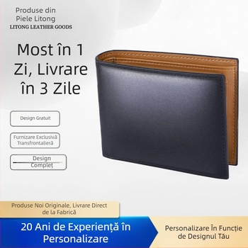 Portofel unisex din piele naturală, bi-fold, din primul strat de piele, formă orizontală pătrată, stil urban minimalist, anti-furt
