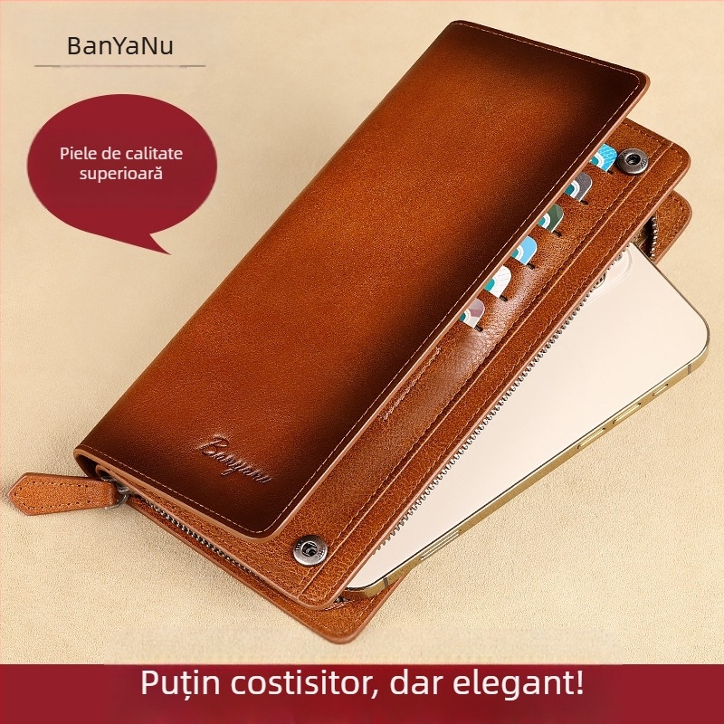 Bananu Portofel masculin din piele – Piele naturală, strat prim, culoare solidă, sloturi multiple pentru carduri