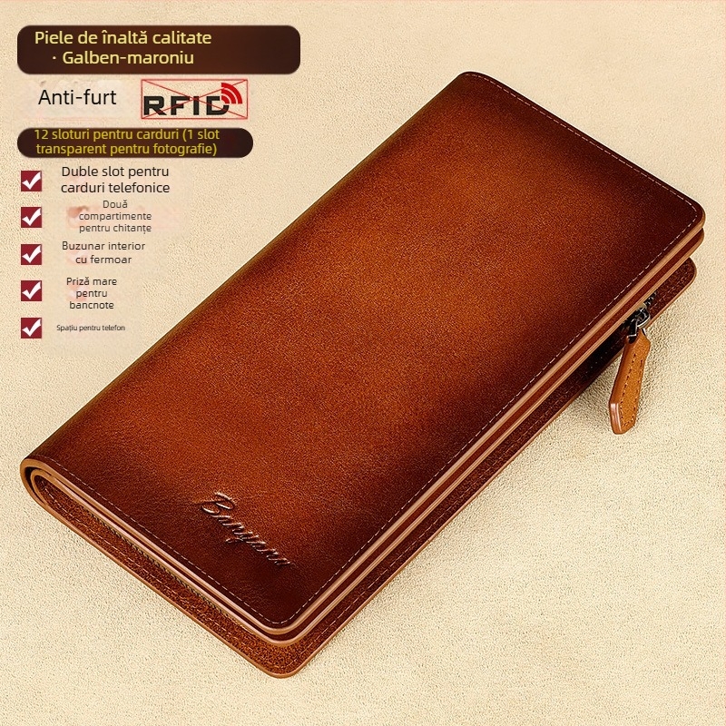 Bananu Portofel masculin din piele – Piele naturală, strat prim, culoare solidă, sloturi multiple pentru carduri