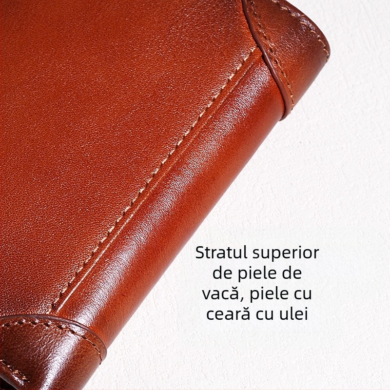 Portofel din piele naturală, strat de piele de vacă, design compact tri-fold cu mai multe buzunare pentru carduri, căptușeală din poliester