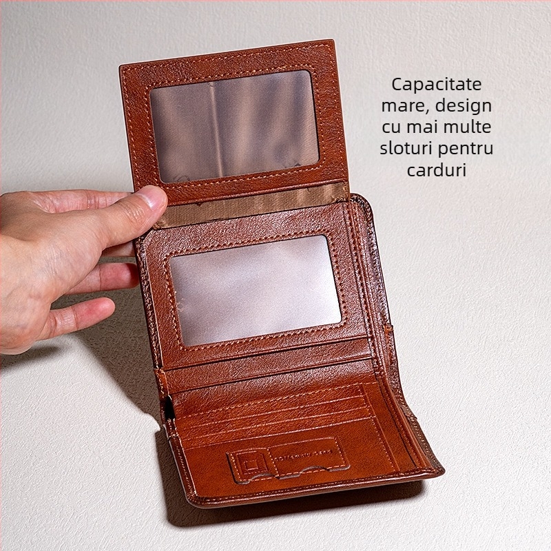 Portofel din piele naturală, strat de piele de vacă, design compact tri-fold cu mai multe buzunare pentru carduri, căptușeală din poliester