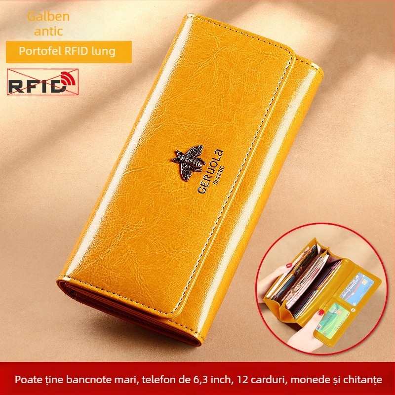 Portofel de damă din piele naturală, lung, cu mai multe buzunare pentru carduri și clips pentru bani integrat, GRL-Q05, Song Ruola