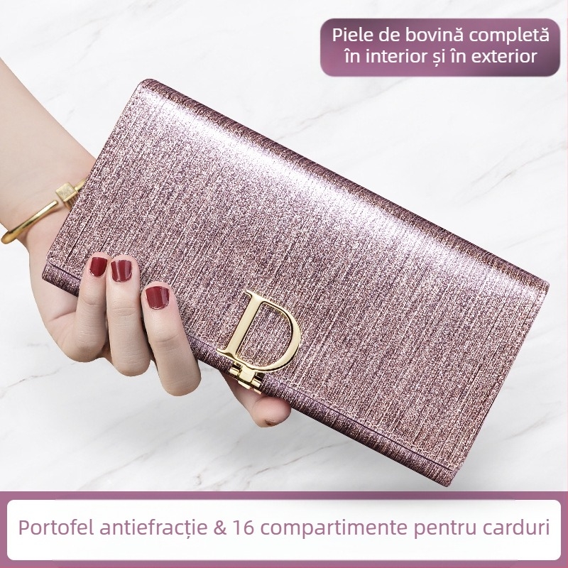 Portofel pentru femei, lung, din piele naturală, cu construcție din piele de vițel cu două straturi, model cu dungi, stil urban minimalist, mare capacitate și mai multe compartimente pentru carduri