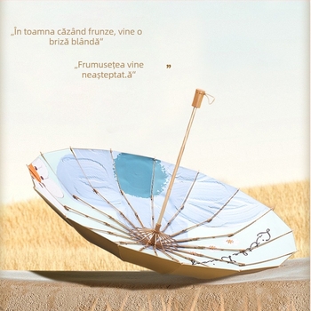 Umbrelă pliabilă cu trei secțiuni, 16 arcuri, mâner din lemn, țesătură 210T, UPF peste 50, deschidere manuală, stil japonez retro