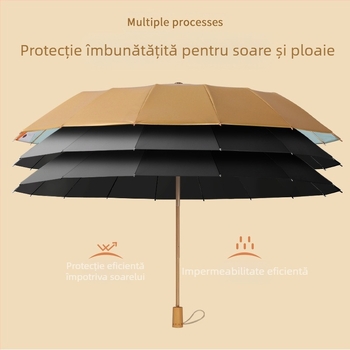 Umbrelă pliabilă cu trei secțiuni, 16 arcuri, mâner din lemn, țesătură 210T, UPF peste 50, deschidere manuală, stil japonez retro