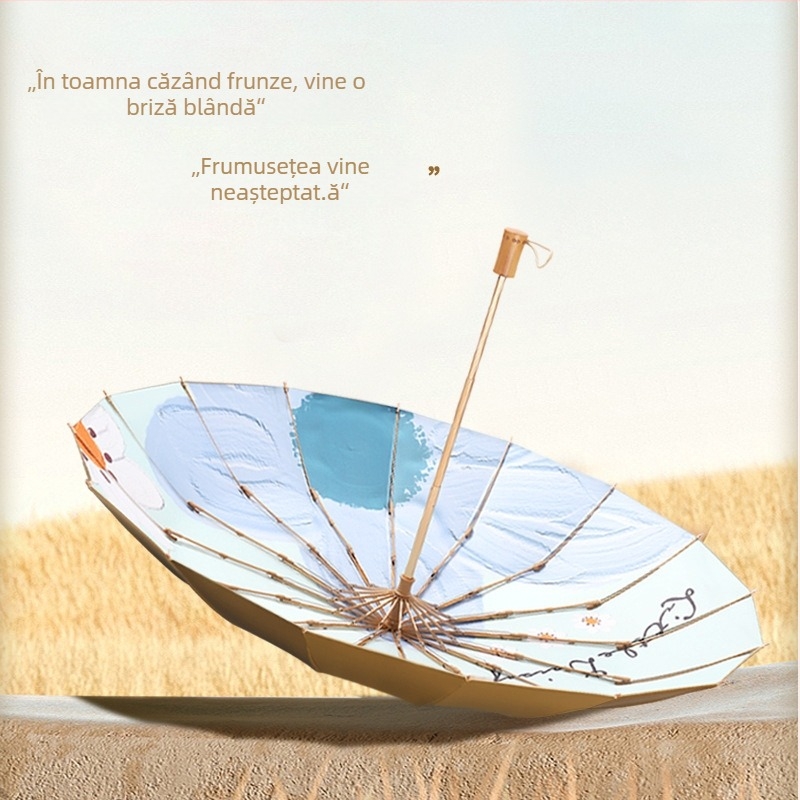 Umbrelă pliabilă cu trei secțiuni, 16 arcuri, mâner din lemn, țesătură 210T, UPF peste 50, deschidere manuală, stil japonez retro