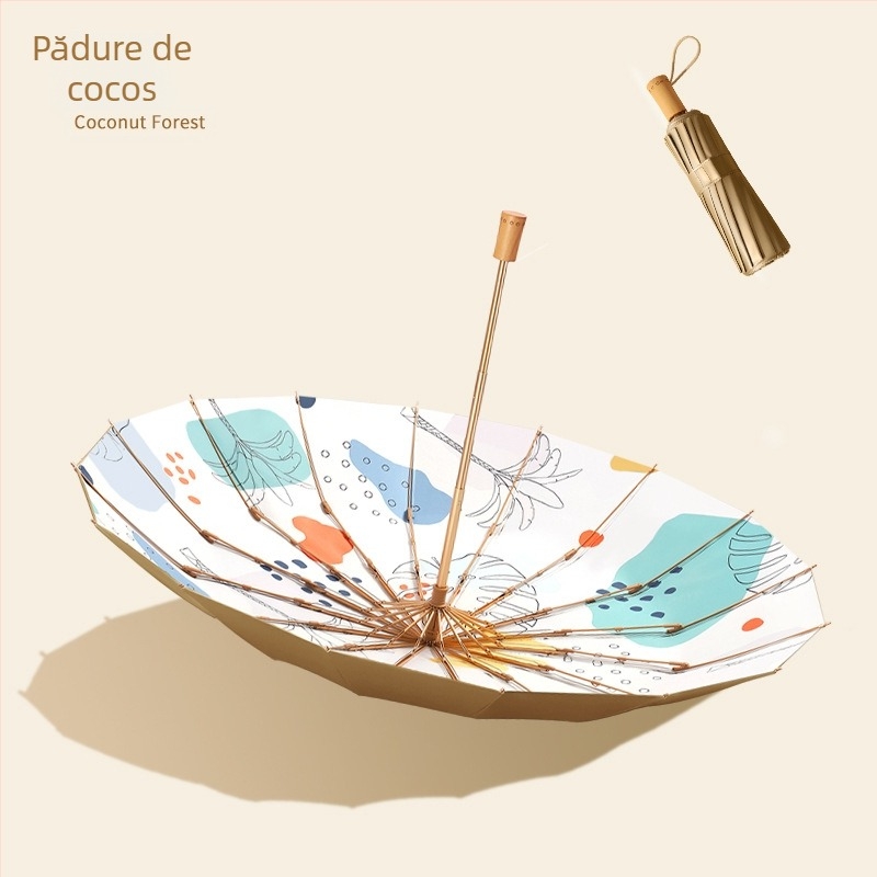 Umbrelă pliabilă cu trei secțiuni, 16 arcuri, mâner din lemn, țesătură 210T, UPF peste 50, deschidere manuală, stil japonez retro
