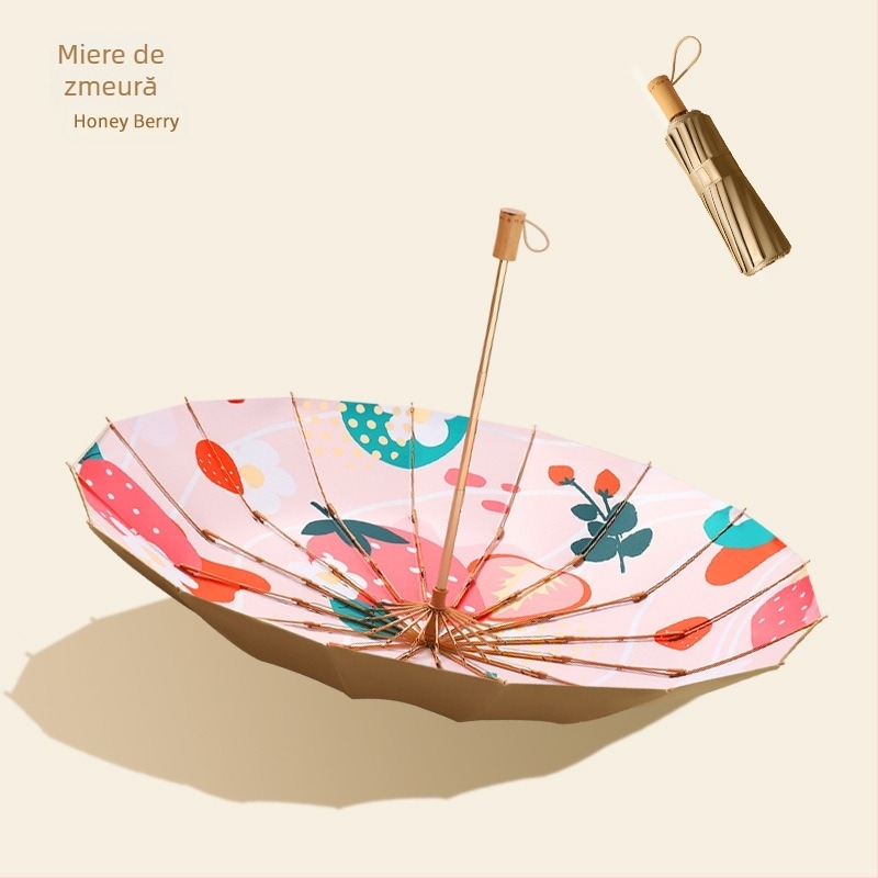 Umbrelă pliabilă cu trei secțiuni, 16 arcuri, mâner din lemn, țesătură 210T, UPF peste 50, deschidere manuală, stil japonez retro