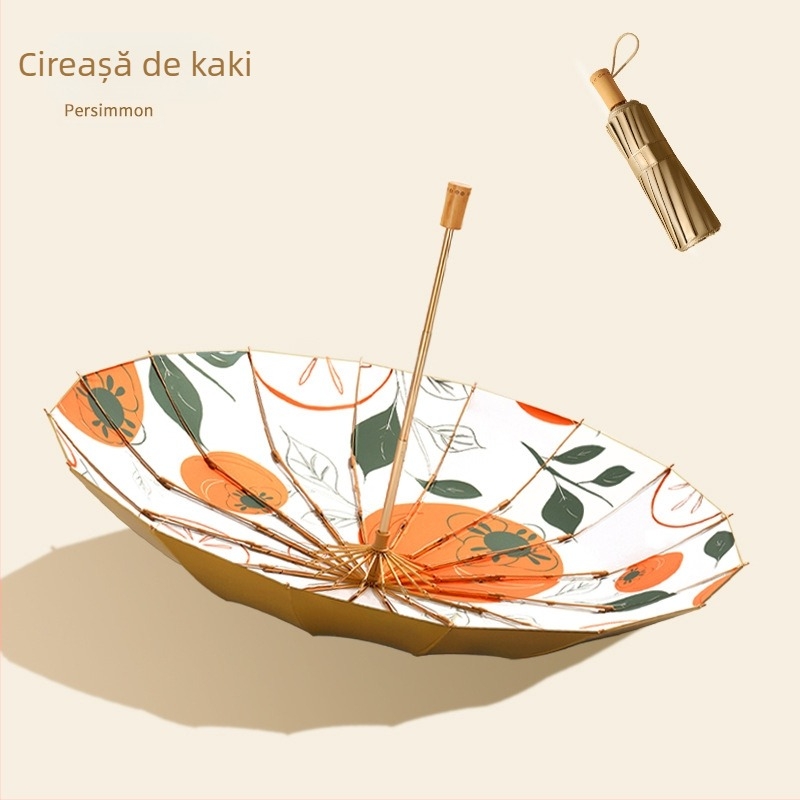 Umbrelă pliabilă cu trei secțiuni, 16 arcuri, mâner din lemn, țesătură 210T, UPF peste 50, deschidere manuală, stil japonez retro