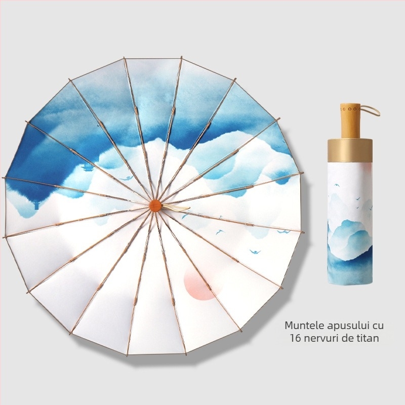 Umbrelă pliabilă cu trei secțiuni, 16 arcuri, mâner din lemn, țesătură 210T, UPF peste 50, deschidere manuală, stil japonez retro