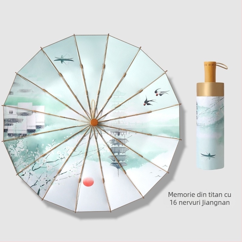 Umbrelă pliabilă cu trei secțiuni, 16 arcuri, mâner din lemn, țesătură 210T, UPF peste 50, deschidere manuală, stil japonez retro