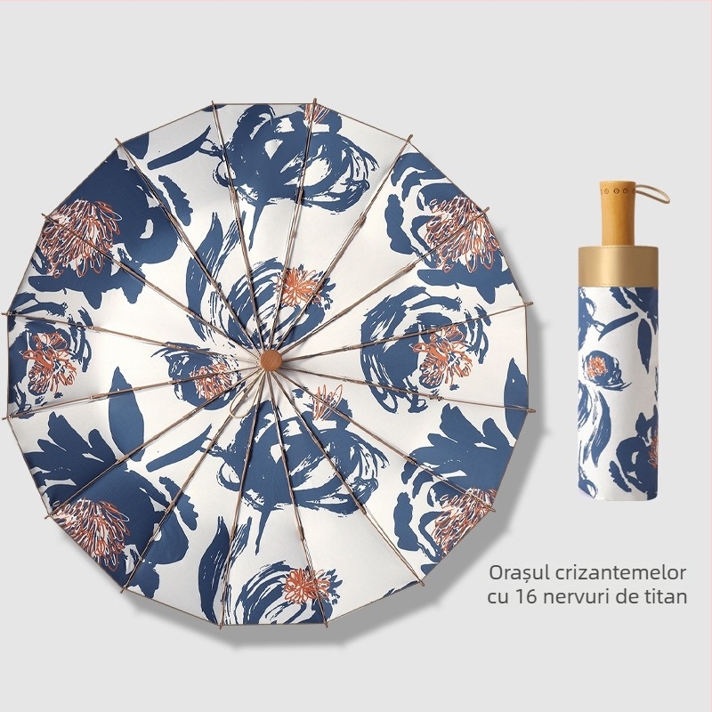 Umbrelă pliabilă cu trei secțiuni, 16 arcuri, mâner din lemn, țesătură 210T, UPF peste 50, deschidere manuală, stil japonez retro